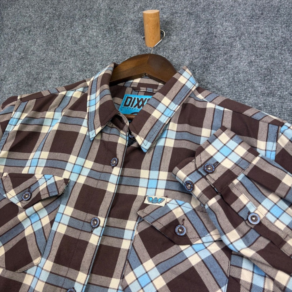 Dixxon Flannel SE Racing BMX Shirt Womens Sz L Brown Blue Plaid D-Tech Button Up